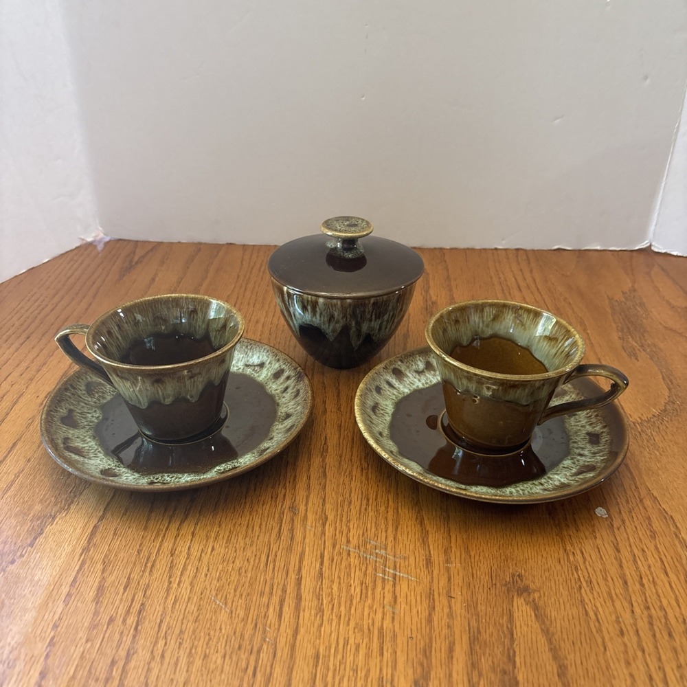 VTG Cannonsburg Like Pottery Brown Drip Glaze Set- 2 Cups And Saucers Sugar Bowl